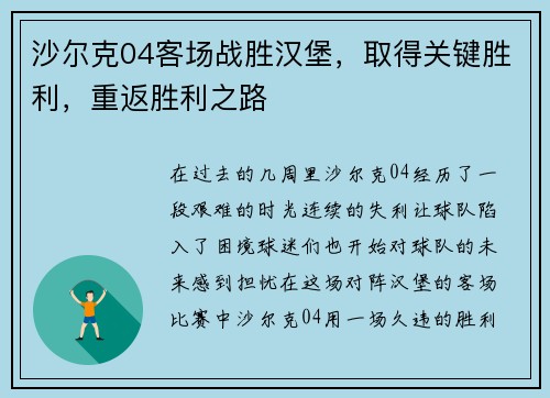 沙尔克04客场战胜汉堡，取得关键胜利，重返胜利之路