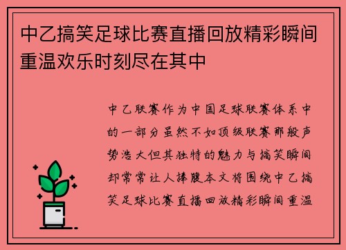 中乙搞笑足球比赛直播回放精彩瞬间重温欢乐时刻尽在其中