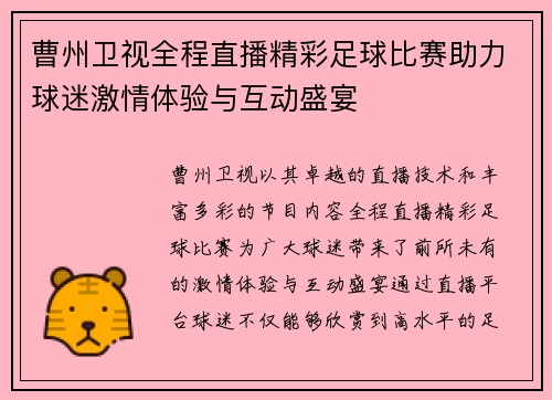 曹州卫视全程直播精彩足球比赛助力球迷激情体验与互动盛宴